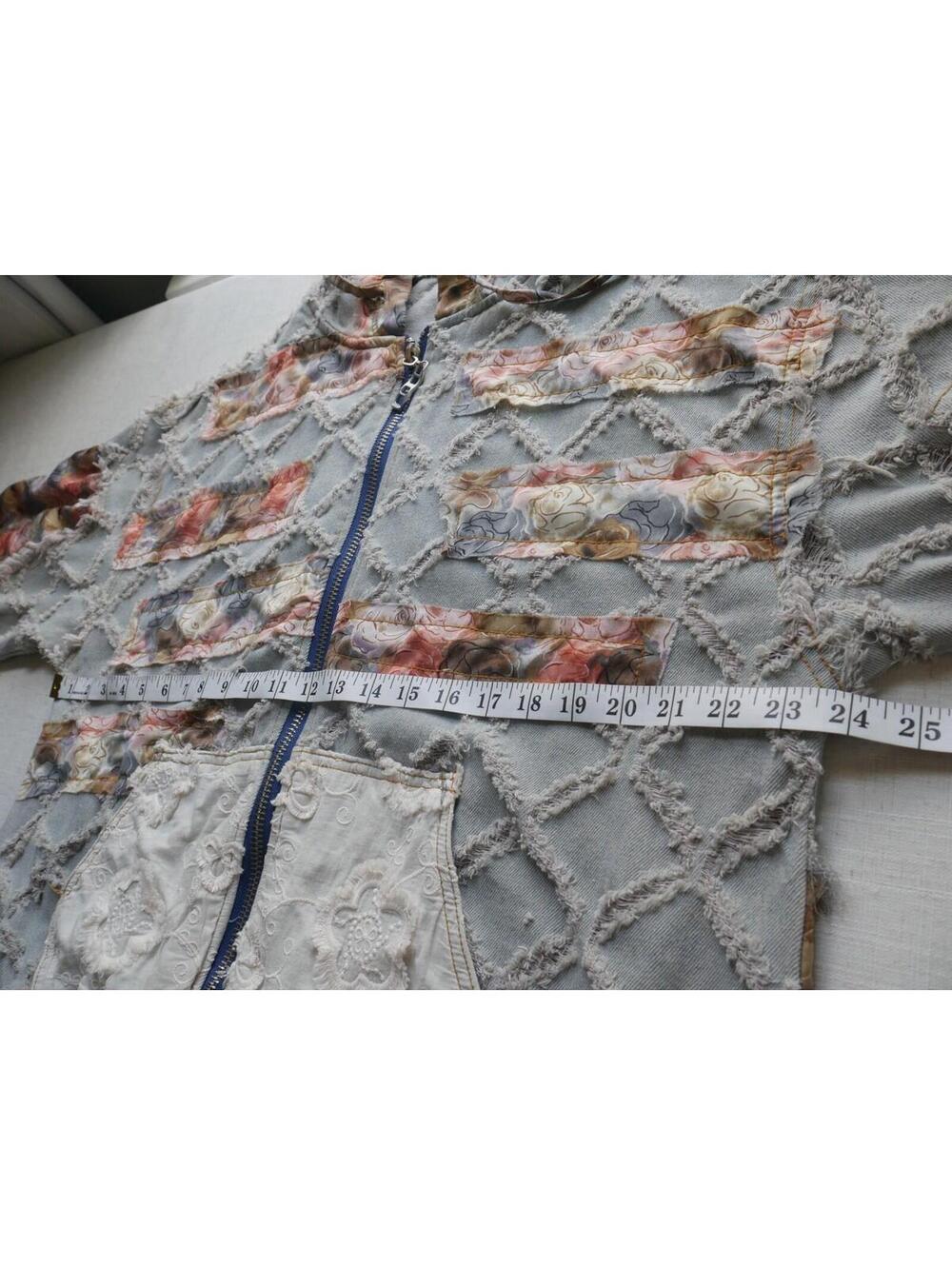 POL Womens S Oversized Distressed Denim Hoodie Floral Patchwork Frayed Jacket - Picture 6 of 12